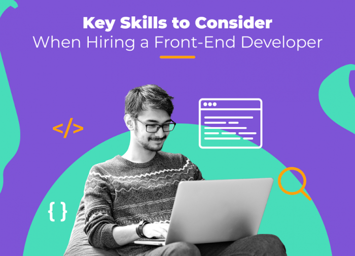 Illustration of a front-end developer coding on a laptop, showcasing essential skills for hiring