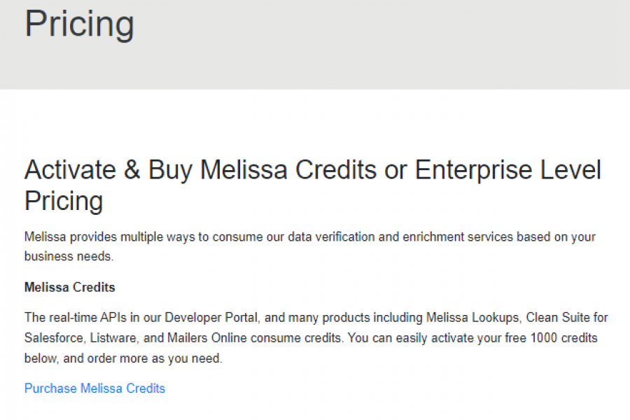 Melissa Data Pricing Screenshot