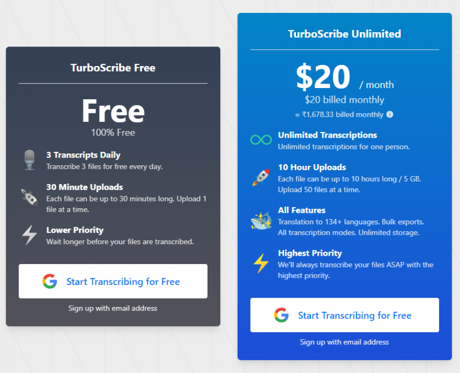 TurboScribe Pricing Screenshot