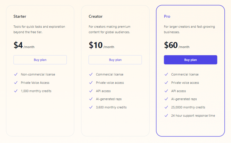 Uberduck Pricing Screenshot