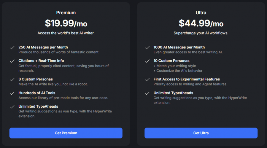 HyperWrite AI Pricing Screenshot