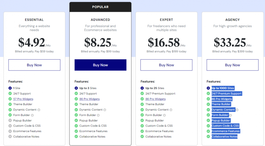 Elementor Pricing Screenshot